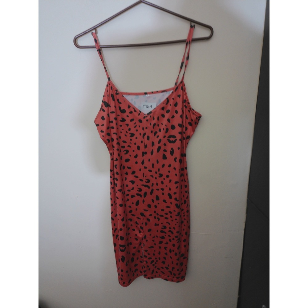 Unbranded Mini Cami Dress Womens L Coral Black Spotted Abstract Slit Whimsical